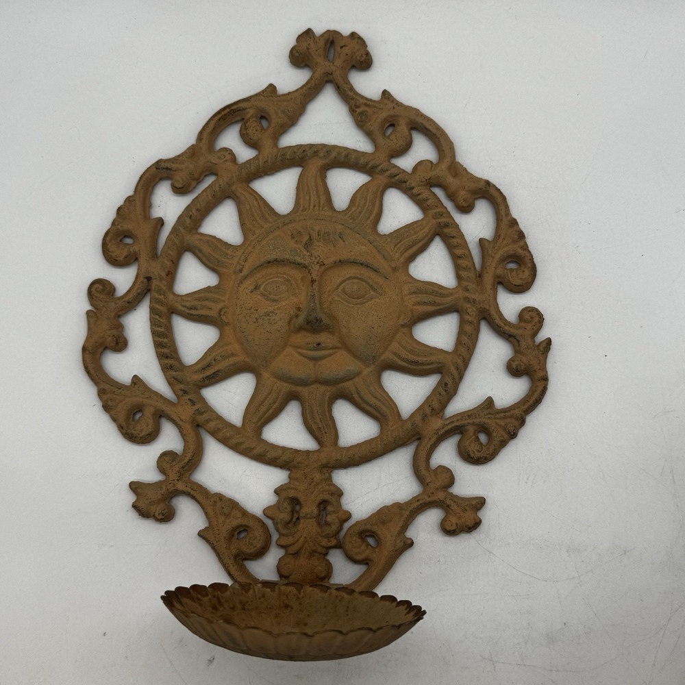 Cast Iron Sun Face Candle Holder Celestial Wall Hanger 11 X 9" Brown Tan